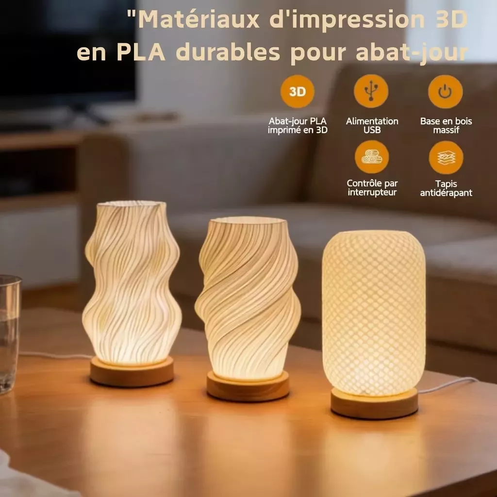 Lampe de chevet en bois ondulée 3D 