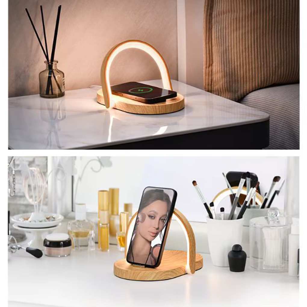 Lampe de chevet en bois avec charge sans fil