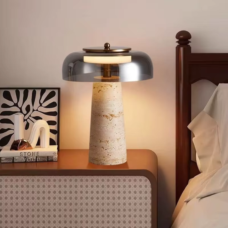 Lampe de chevet design travertin abat jour pierre naturelle 