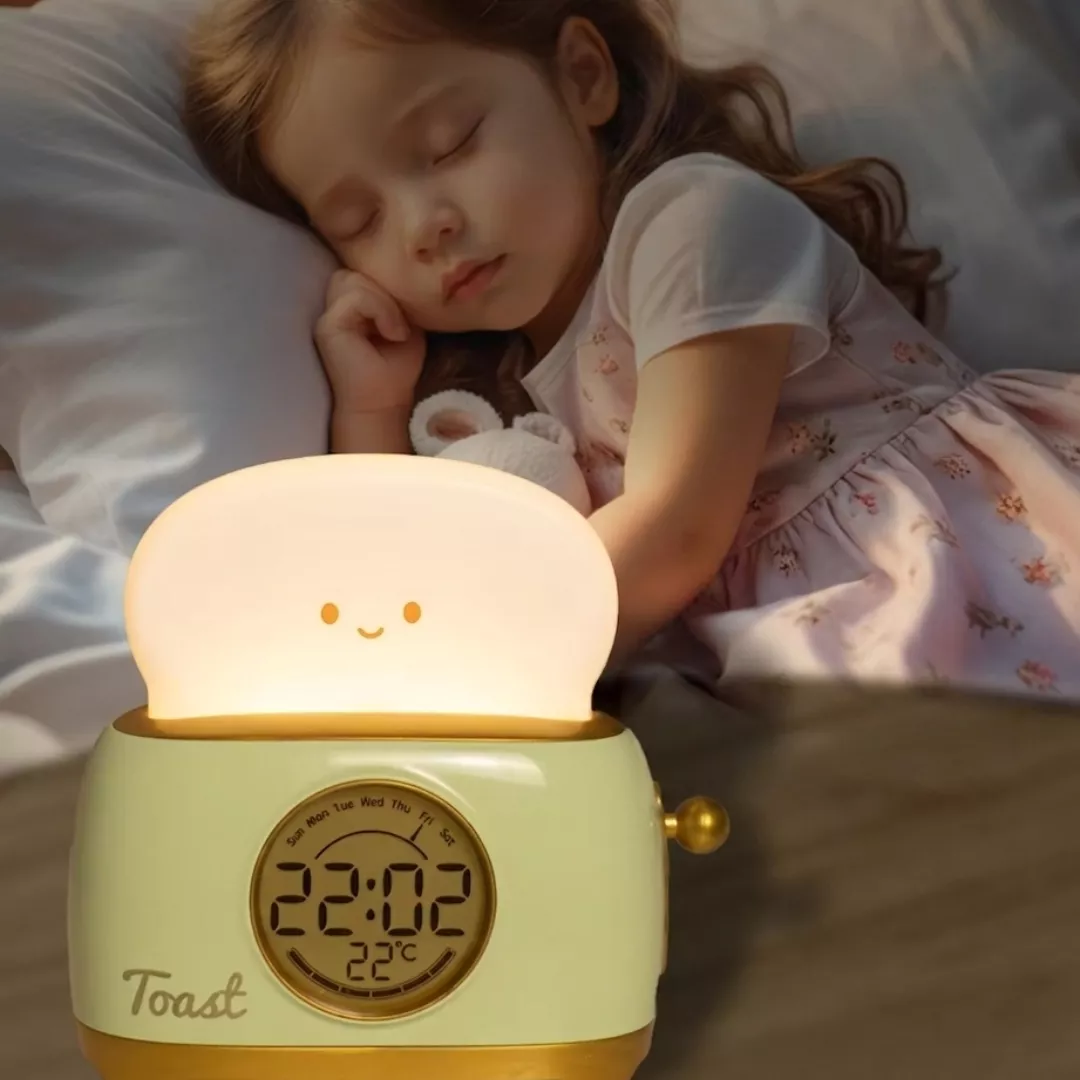 Lampe de chevet enfant toast horloge et température