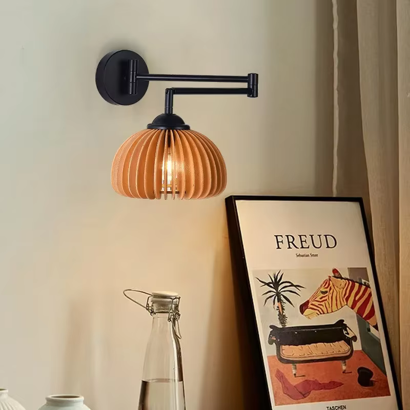 Lampe de chevet murale bois noyer orientable  Design rétro 