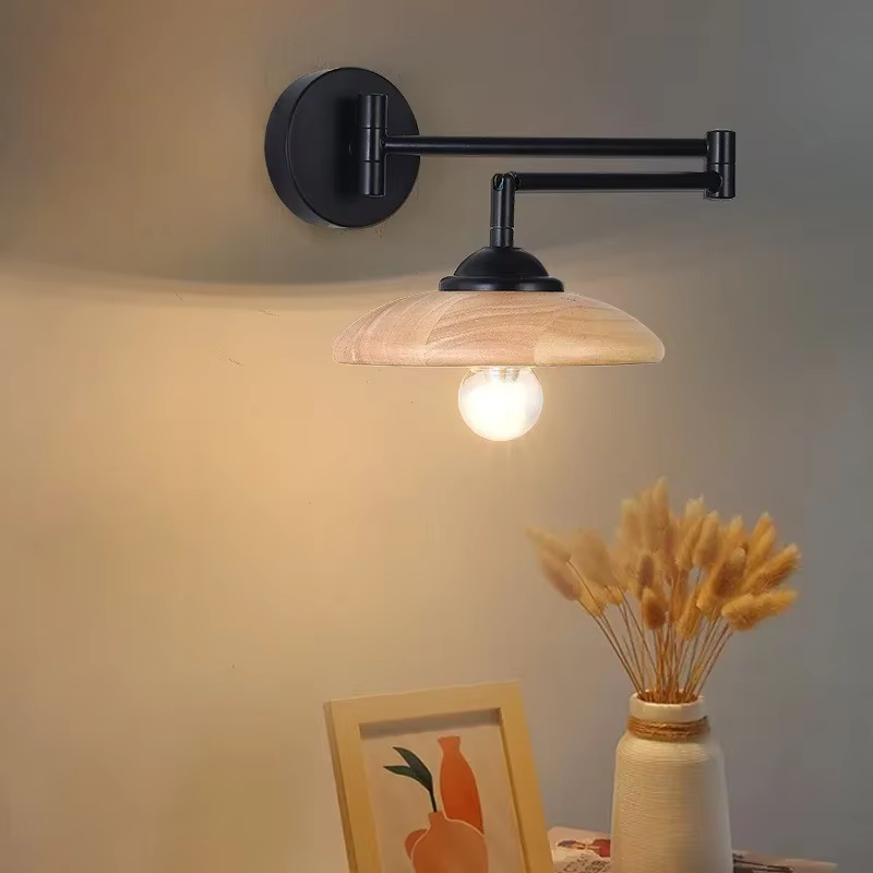 Lampe de chevet murale bois noyer orientable  Design rétro 