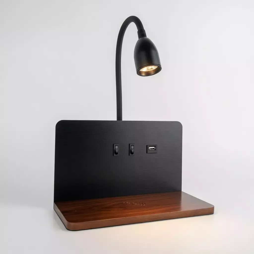 Lampe de chevet murale avec étagère USB charge sans fil 