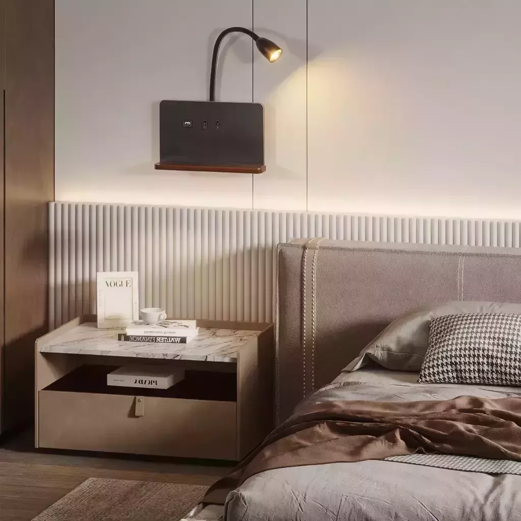 Lampe de chevet murale avec étagère USB charge sans fil 