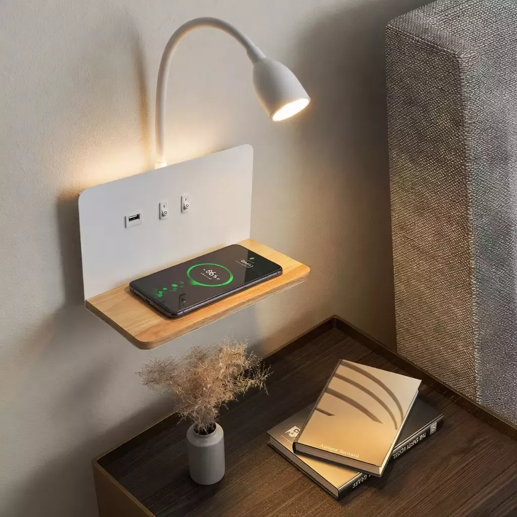 Lampe de chevet murale avec étagère USB charge sans fil 