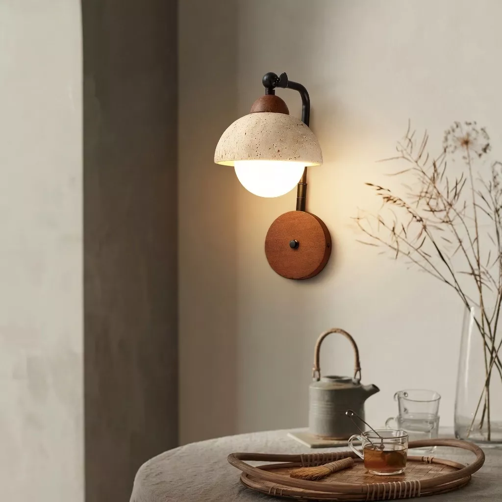 Lampe de chevet murale travertin japonais pierre naturelle 
